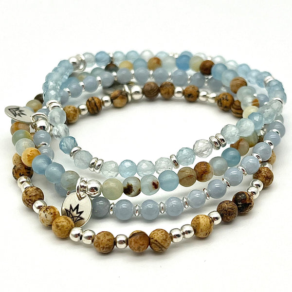 Edelsteinarmbänder aus Aquamarin, Aragonit, Angelith und Jaspis