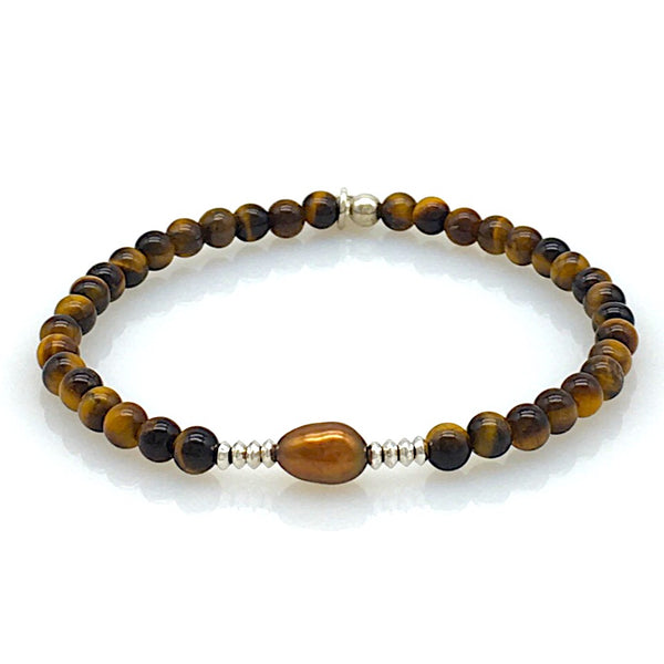 Tigerauge Armband mit Süßwasserzucht Perle