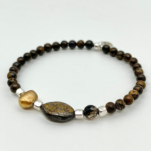 Bronzit-Armband mit Perle und Rauchquarz