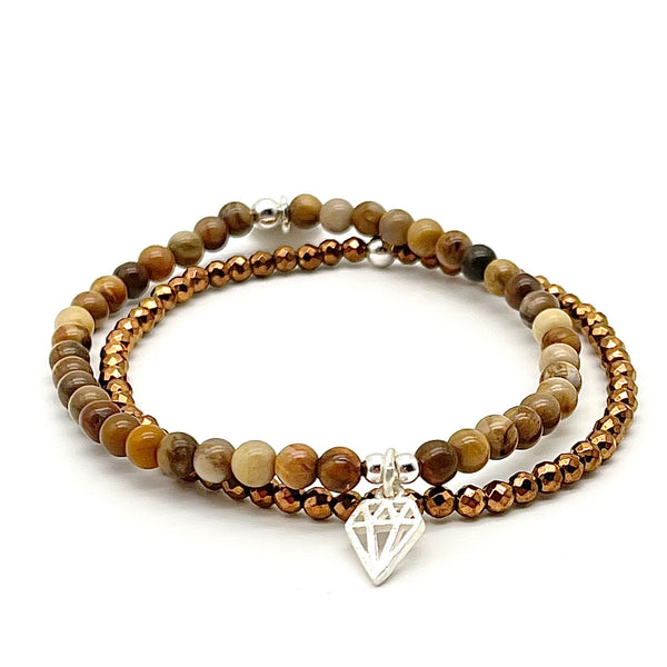 Armband-Set aus versteinertem Holz und Hämatin