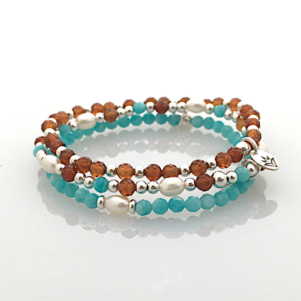 Armband-Set aus Amazonit, Zimt-Granat und Süßwasserzucht Perlen